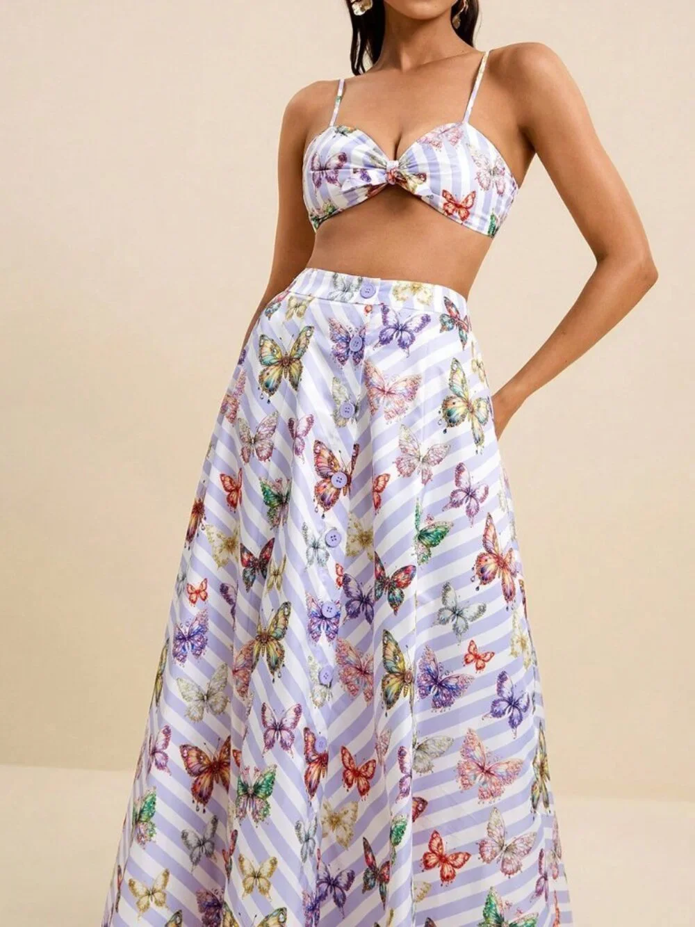 Multicolor Boho Women's Stripe Butterfly Print Maxi Skirt And Cami Crop Top Set